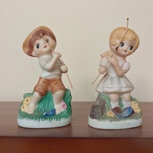 Vintage ceramic boy abs girl fishing figurines.